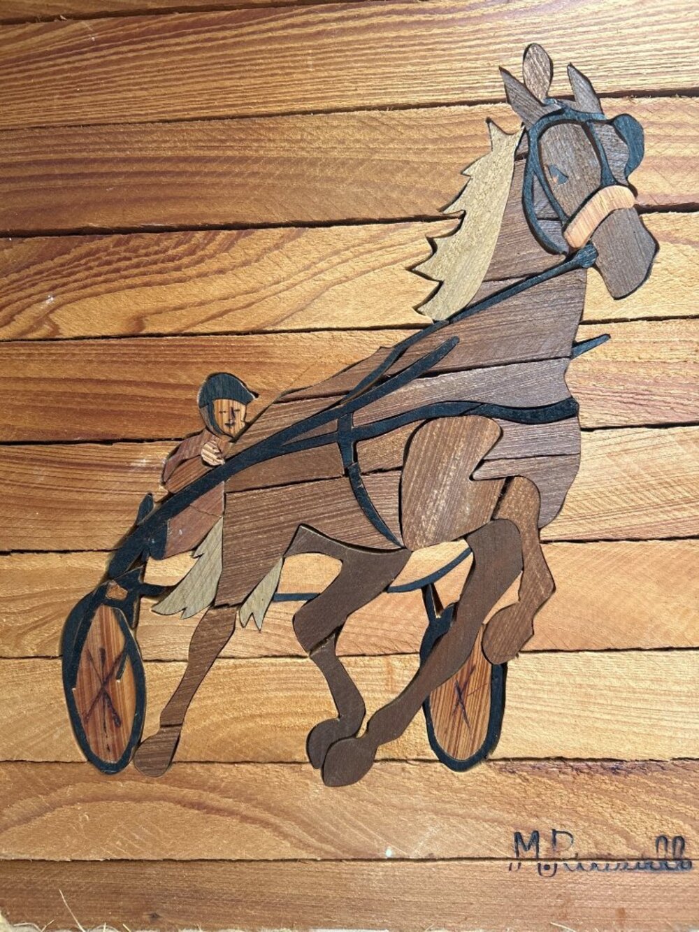 Horse Racing Wooden Inlay Wall Art Rope Frame Signed M.Russell Rustic Decor - Picture 2 of 8